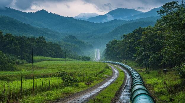 A long road with green grass and trees in the background photo