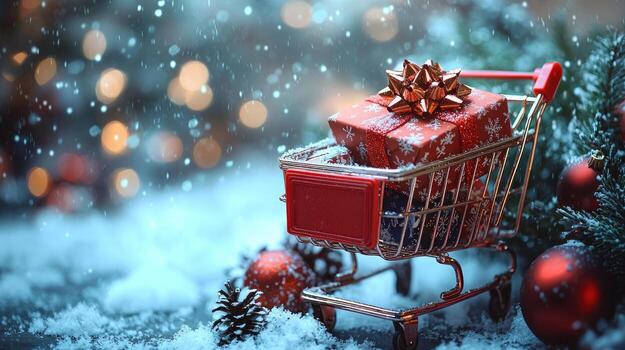 A shopping cart with presents in the snow photo