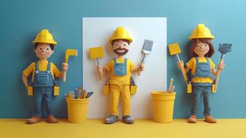3d render of construction workers holding tools and a sign photo