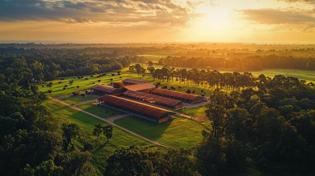 An aerial view of a farm with a red roof photo