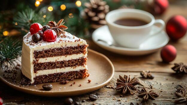 A slice of cake with a cherry on top and a cup of coffee photo