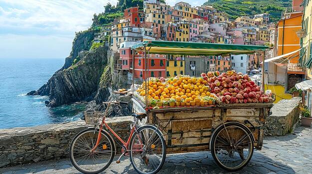 A bicycle with fruit on the back is parked next to a colorful building photo