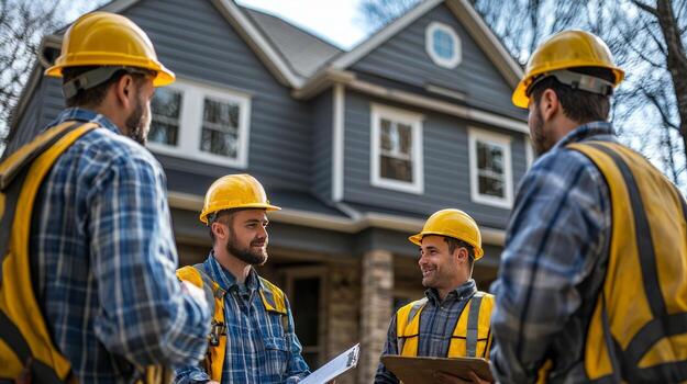 Three construction workers standing in front of a house photo