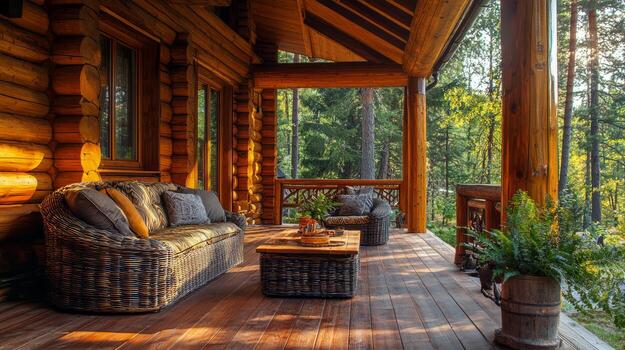A porch with wicker furniture and a table photo