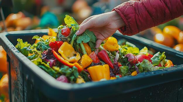 A person picking up a black container full of vegetables photo