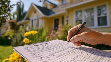 A person writing a contract on a piece of paper in front of a house photo