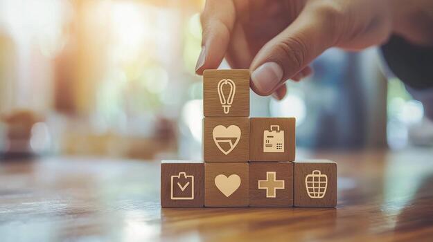 A person is placing wooden blocks with icons on them photo