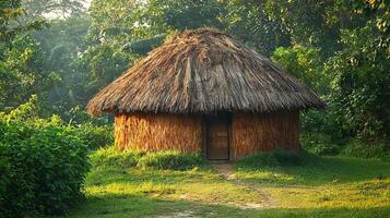 A small hut with thatched roof in the middle of a forest photo