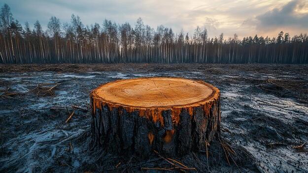 Tree stump in a deforested area at sunset, highlighting environmental impact photo