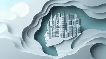 Paper cutout of a futuristic cityscape in shades of white and gray photo