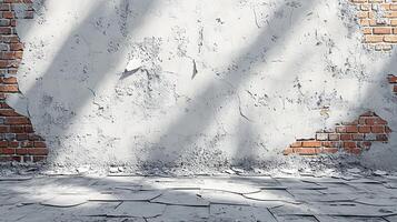 Old cracked brick wall with peeling plaster in natural light photo