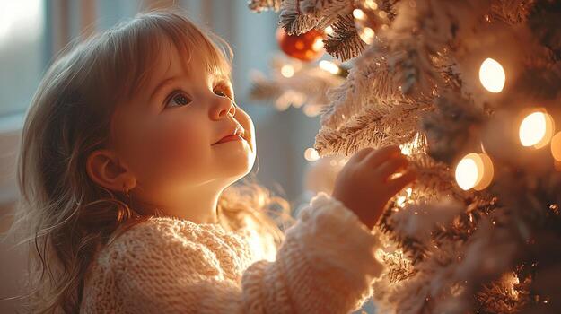 Child gazing at Christmas tree lights with wonder and excitement photo