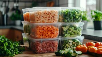Stacked meal prep containers filled with freshly chopped vegetables on a kitchen counter photo