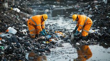 Workers cleaning a polluted river filled with trash and debris photo