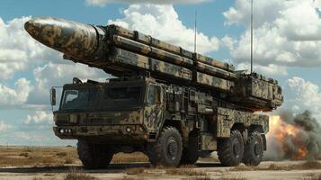Military missile launcher in a field under bright sky photo