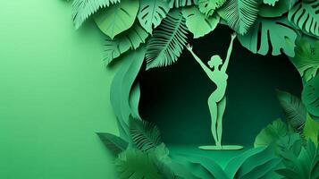 Green paper cutout artwork of a dancing woman surrounded by tropical leaves photo