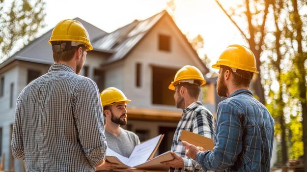 Group of construction workers discussing plans in front of a new house under construction photo