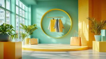Modern interior design with yellow and green accents and natural lighting photo