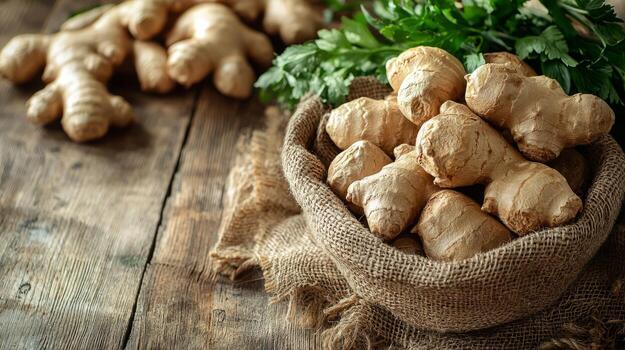 Fresh ginger roots displayed on a rustic wooden table with herbs photo