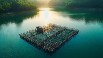 Aerial view of floating fish cages in a serene lake at sunset photo