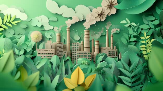 Paper art of factory and trees in the forest photo
