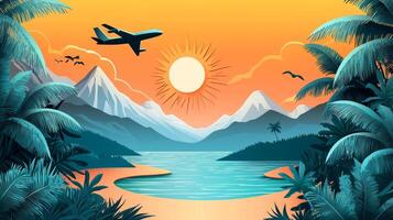 Paper cutout tropical landscape with a plane flying over mountains and palm trees photo