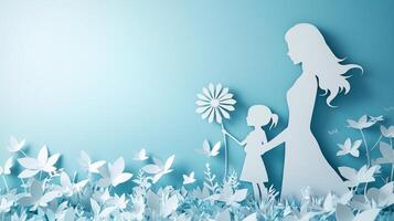 Paper cutout silhouette of a mother and child playing with flowers in a meadow photo