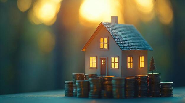Miniature house model lit by warm light with coins stacked underneath photo