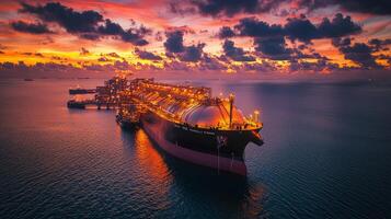 Large tanker ship docked at a port during a vibrant sunset photo