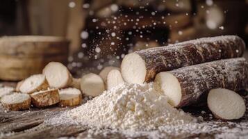 Sliced cassava roots with flour on a rustic wooden table photo