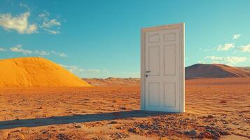 White door standing in the middle of desert landscape photo