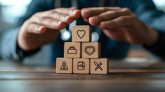 Hands protecting wooden blocks with symbols of health, safety, and well being photo