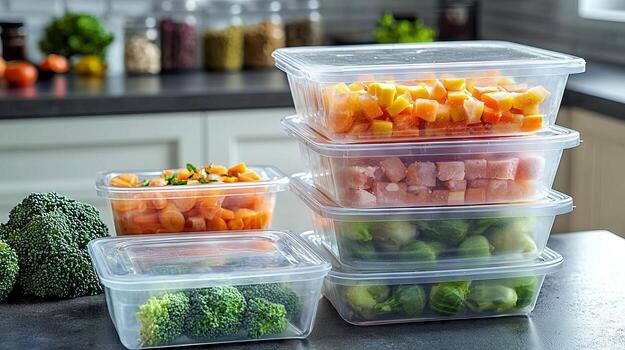 Fresh vegetables stored in clear plastic containers on a kitchen counter photo