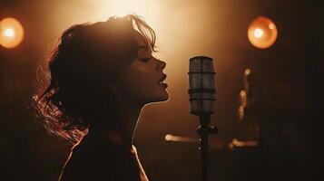 Singer performing on stage under warm lighting with vintage microphone photo