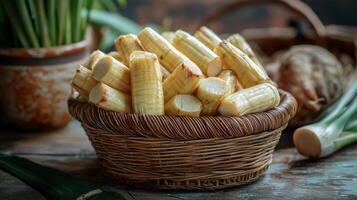 Basket of freshly cut sugarcane on a rustic wooden table photo