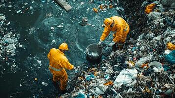 Garbage collectors working in polluted river full of waste photo