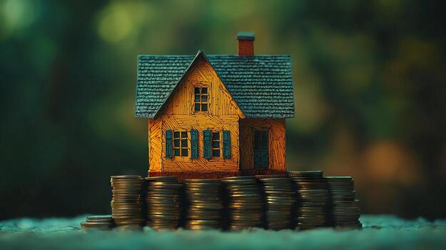 Wooden house model standing on a stack of coins representing home investment photo