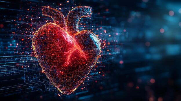 Digital illustration of a glowing human heart with a futuristic design photo