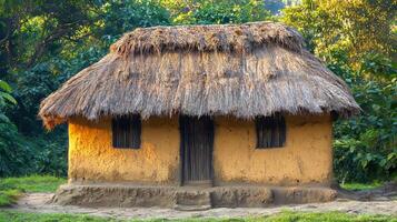 Traditional thatched hut in a rural setting surrounded by nature photo