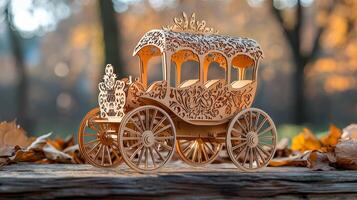 A wooden model of a carriage with leaves on it photo