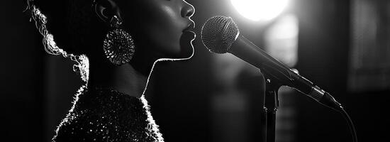 A woman is singing into a microphone in the dark photo