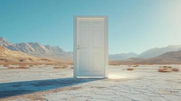 Isolated door in a desert landscape with mountains in the background photo
