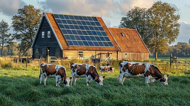 Cows grazing on a farm in front of a barn with solar panels in the countryside photo