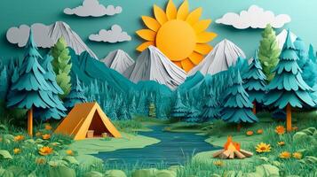 3D paper cut-style illustration of a mountain camping scene with a tent and sun photo