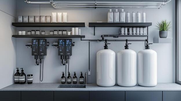 Modern industrial setup with storage tanks and piping in a clean environment photo