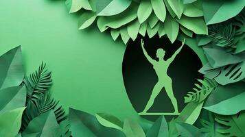 3D paper cut-style illustration of a woman practicing yoga surrounded by nature photo
