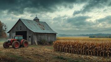 Old barn and tractor next to a cornfield in a rural farming setting under cloudy skies photo