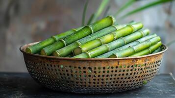 Bowl of fresh sugarcane stalks on a rustic metal table in a traditional setting photo