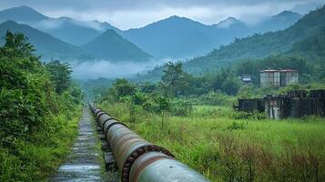 Water pipeline running through a lush green valley with mountains in the background photo