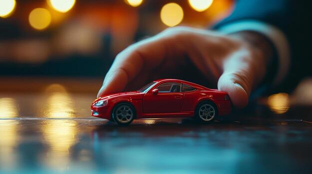 Hand playing with a miniature red car on a polished surface photo